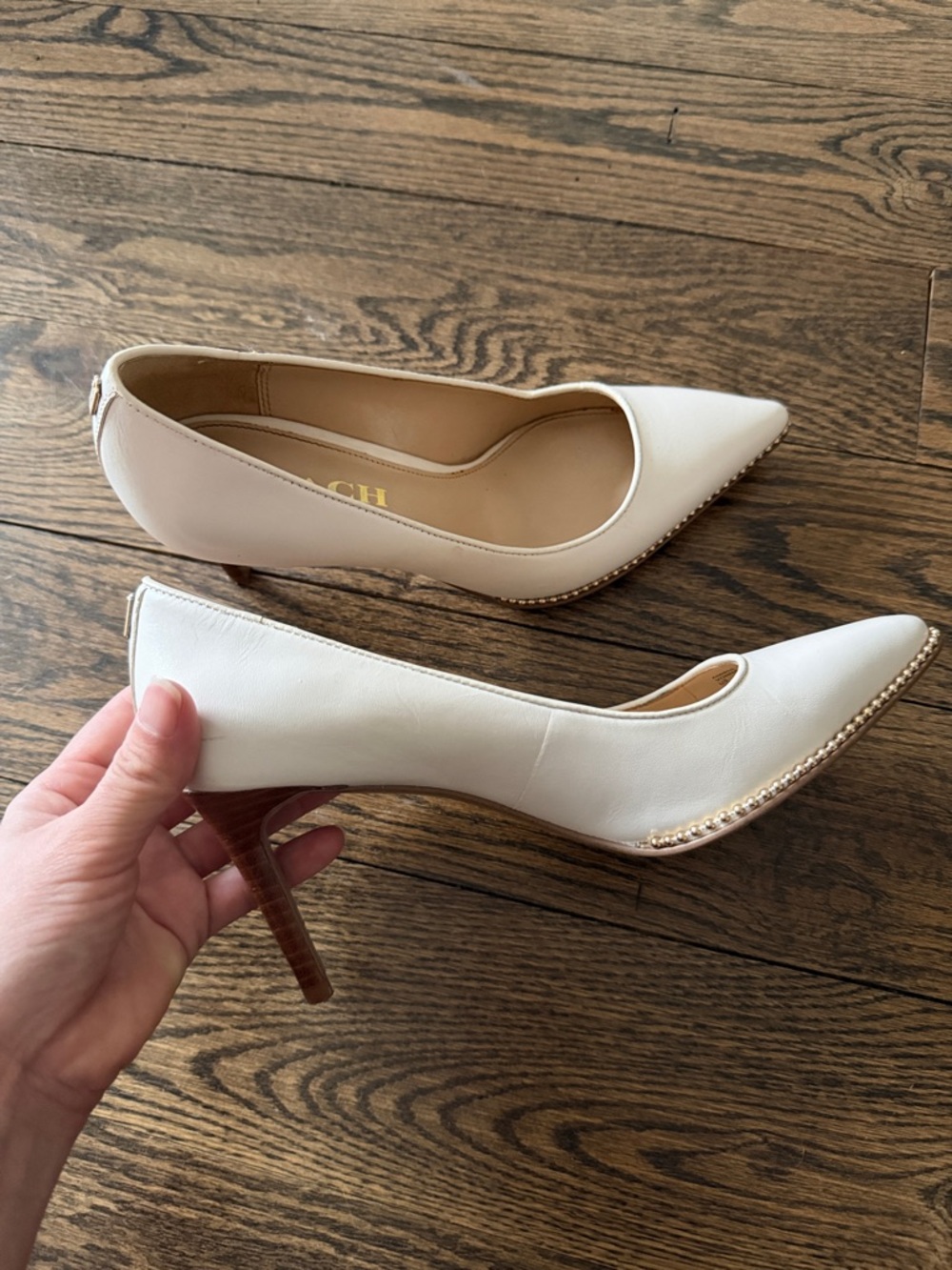 COACH Cream Pointed-Toe Leather Pumps with Trim - Picture 3 of 3
